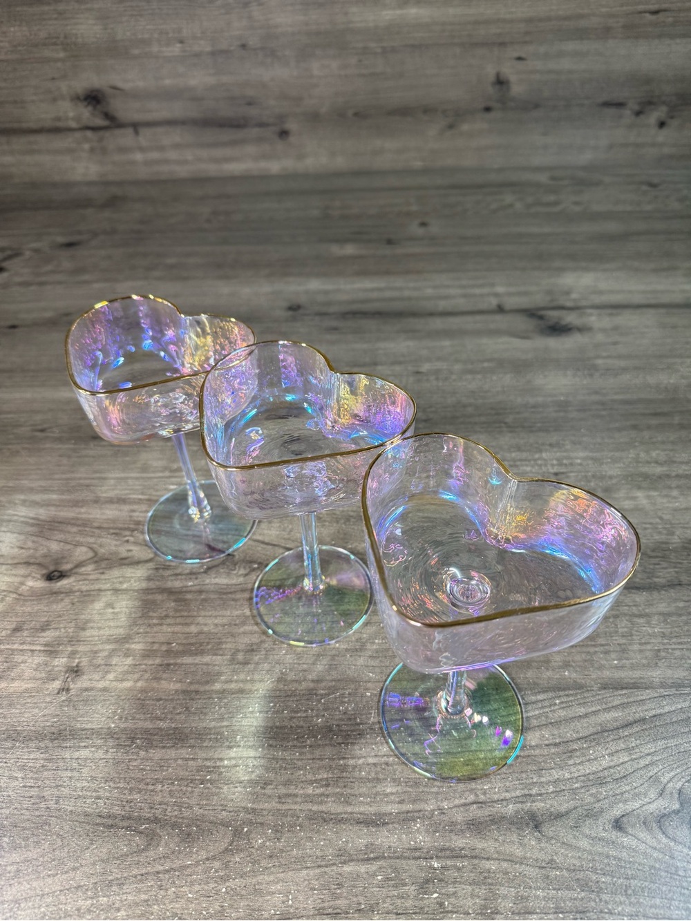 (3) Heart Coupe Glass Iridescent Gold Rim Valentine Romantic Cocktail Bar